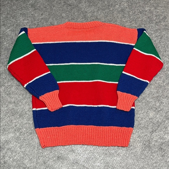 Women’s Homeknit Striped Crewneck Sweater in Coral Navy & Green - Picture 3 of 5